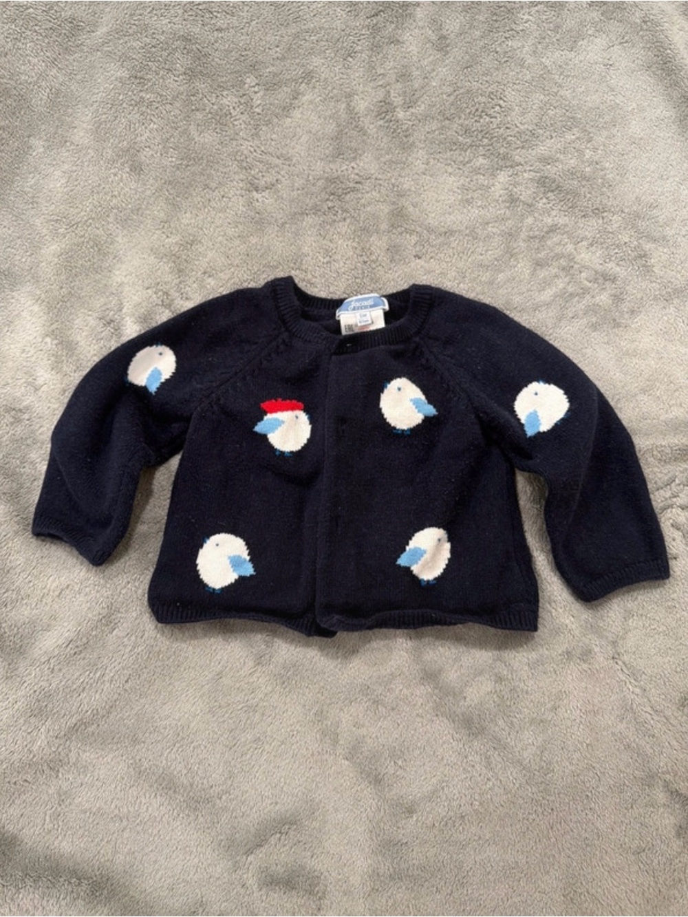Jacadi Navy Knit Baby Cardigan with White & Blue Duck Motifs and Red Accent